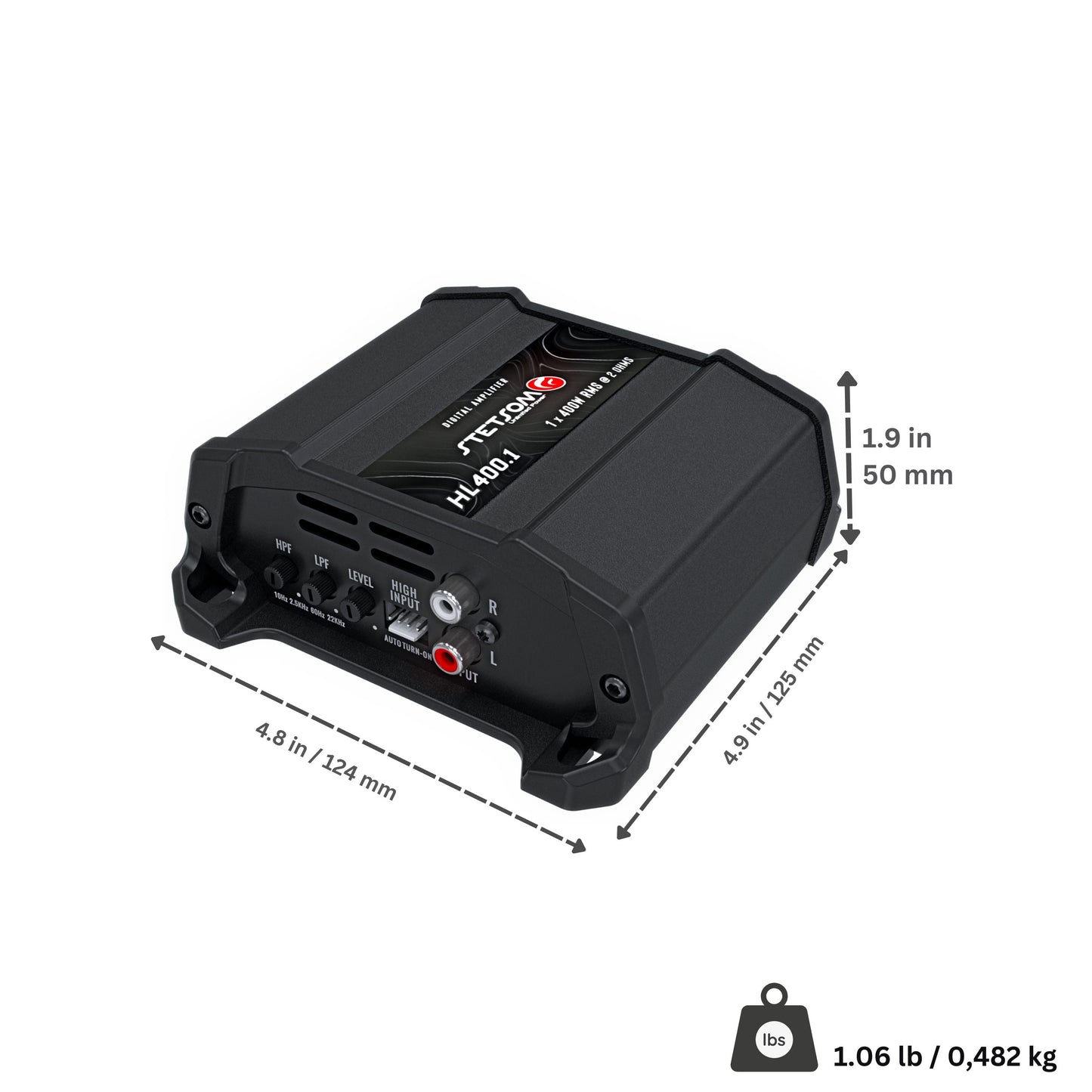 Stetsom HL 400.1 Class D Full Range Amplifier 1 Channel 400 Watts, RCA Input and High Wire Input, Variable Crossover - 2 Ohms