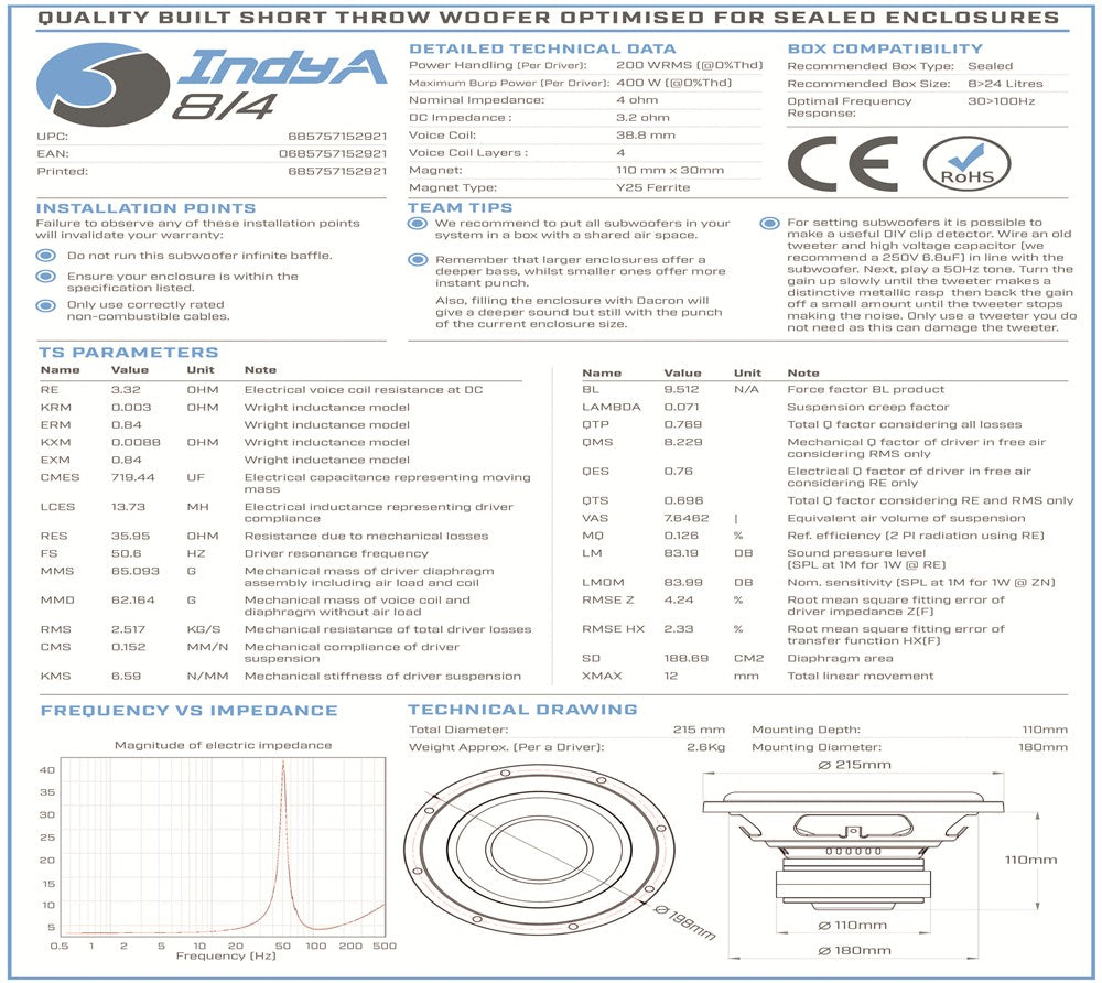 Bassface Indy A8/4 8" 20cm 4Ohm Loud & Musical Subwoofer 200w RMS (Sealed Enclosures)