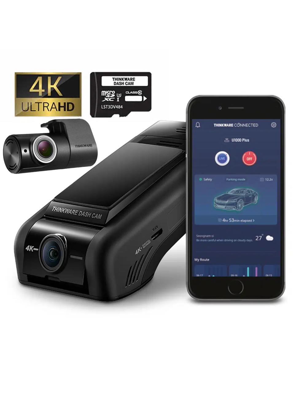 Thinkware U1000 Plus 4K UHD Front & 1080P Rear Dash Cam WiFi Bluetooth 64GB SD Card