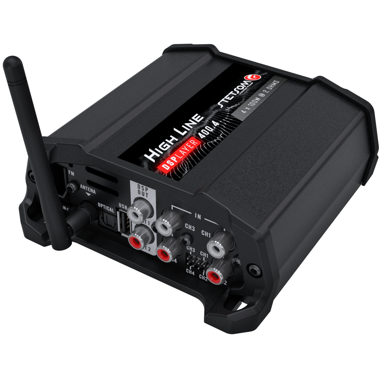 Stetsom High Line DSPLAYER 400.4, Car Audio Amplifier with DSP, Bluetooth, FM Radio, Multiple Audio Inputs, Mobile App Control