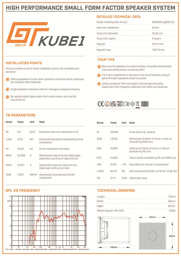 Bassface GT Gear GT-KUBE1 8Ohm High Performance Bookshelf Speakers 2x50W RMS Pair