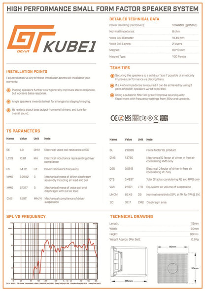 Bassface GT Gear GT-KUBE1 8Ohm High Performance Bookshelf Speakers 2x50W RMS Pair