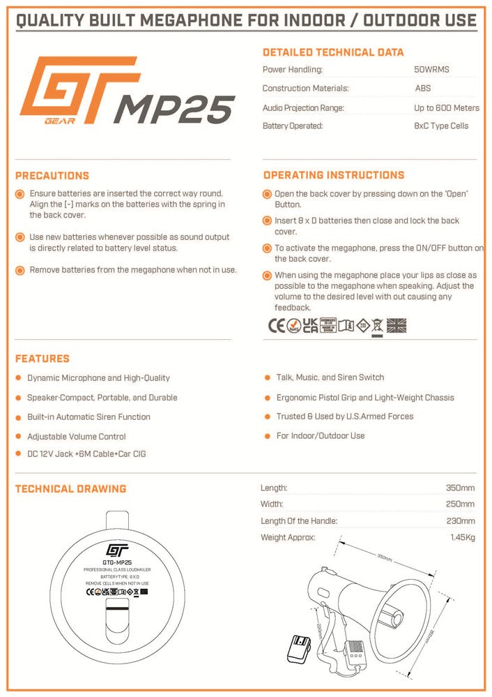 Bassface GT Gear GTG-MP25 50W Professional Type PA Handheld Megaphone With Wired Microphone & Shoulder Strap