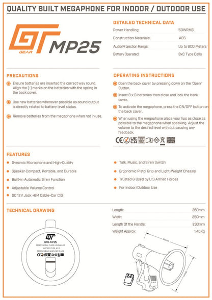 Bassface GT Gear GTG-MP25 50W Professional Type PA Handheld Megaphone With Wired Microphone & Shoulder Strap