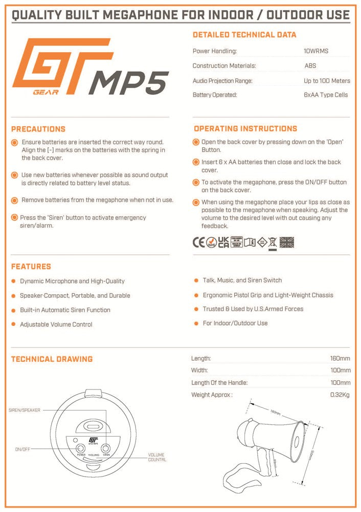 Bassface GT Gear GTG-MP5 10W Battery Powered Super Compact Handheld Briefing Megaphone