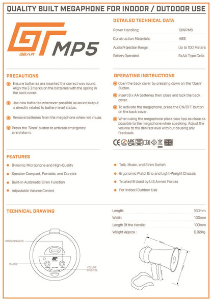 Bassface GT Gear GTG-MP5 10W Battery Powered Super Compact Handheld Briefing Megaphone