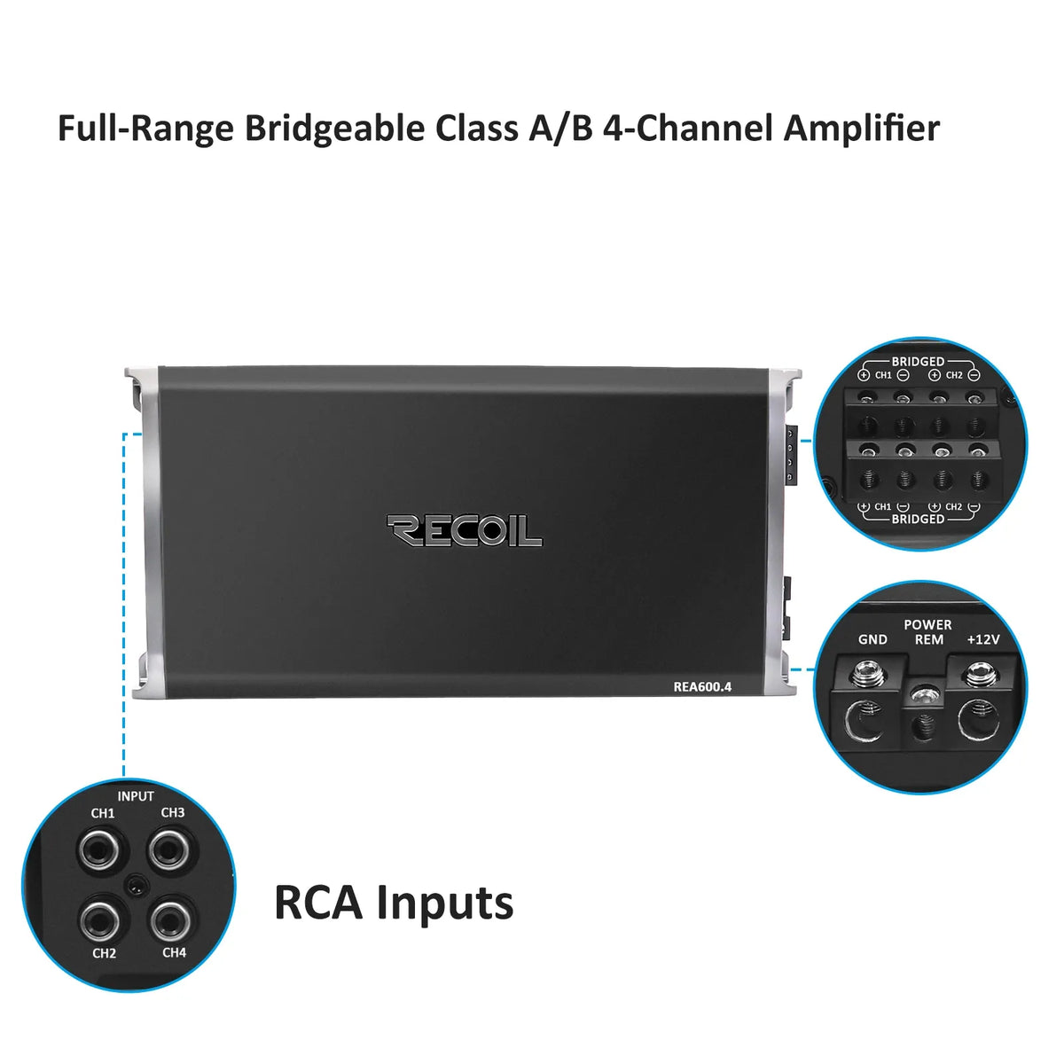 Recoil REA600.4 600 Watts Class A/B 4 Channel Amplifier