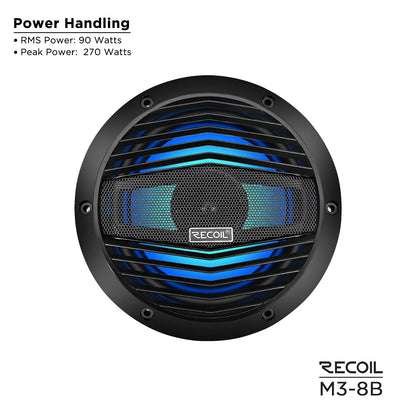 Recoil M3-8B 8" Marine Speakers, LED Backlit. 160W Peak