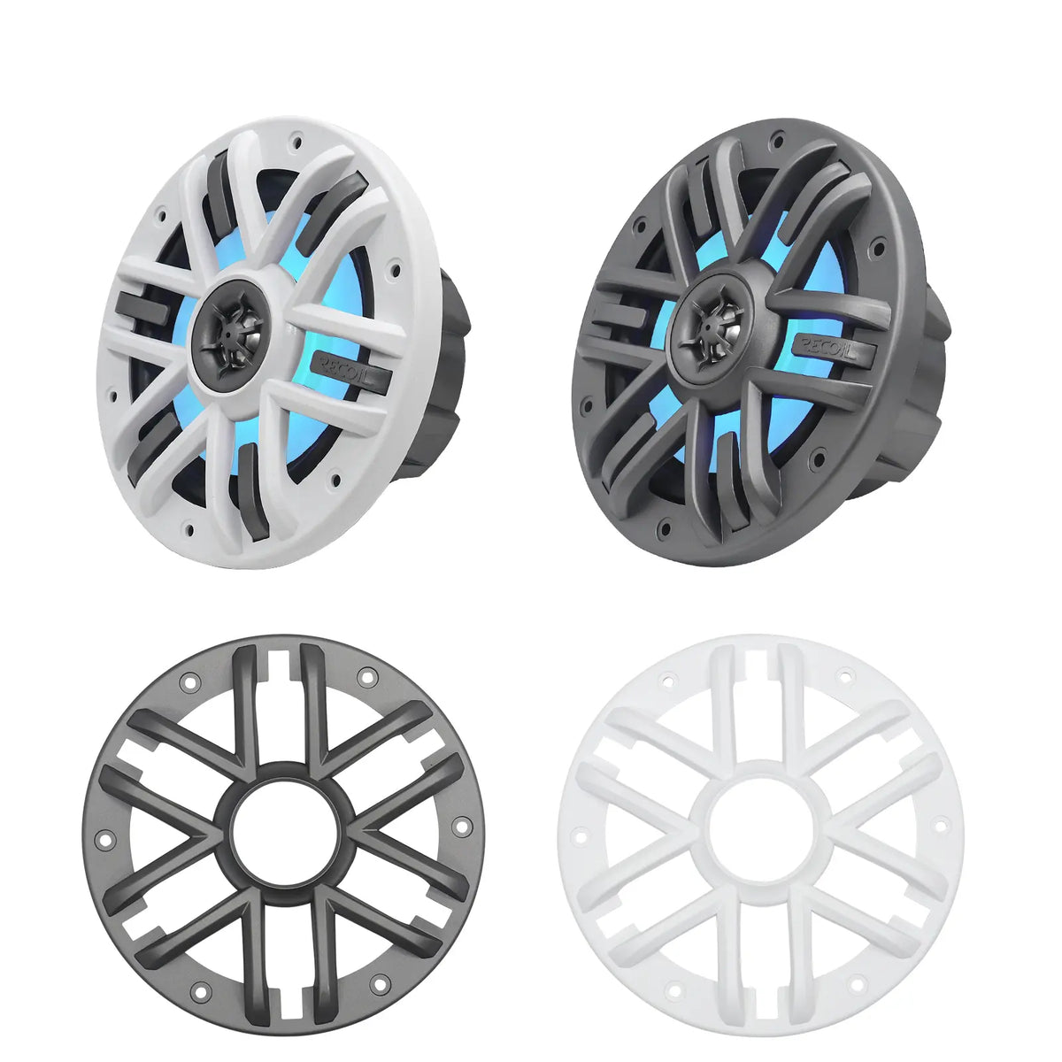 Recoil M1-65 6.5" 2-Way Marine Boat & UTV/ATV Coaxial Speakers - White/Grey Grilles - LED backlit